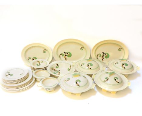 A Royal Doulton part dinner service, 'Lynn' pattern, white ground with green, brown swirl pattern, together with silver plate