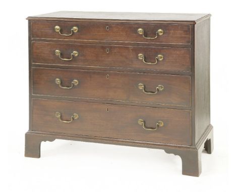 A George III mahogany chest, of four long graduated drawers raised on bracket feet, 100.5cm wide, 49cm deep, 87.5cm high