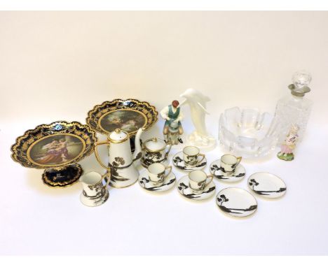 Ceramics and glass items including a pair of Vienna porcelain tazzas, Royal Doulton Dolphin, decanter, coffee set, etc