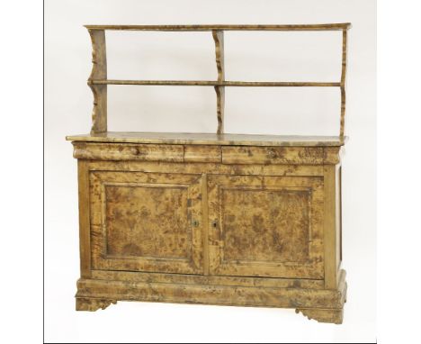 A French mulberry vaisselier sideboard,  mid-19th century, with open shelves over two drawers, and with cupboards below, on s