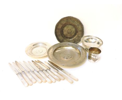 Silver items including two silver and mother of pearl handled dessert knives, Sheffield 1911, Tudor Rose dish, by Mappin & We