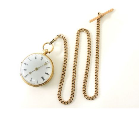 A mid to late 19th century key wind 18ct gold fob watch, the white enamel dial with black Roman numerals, the case with chase