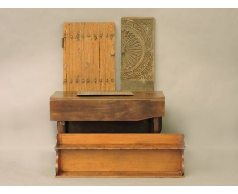 A 19th century mahogany drop leaf table, a mahogany shelf, an oak door and a carved oak panel