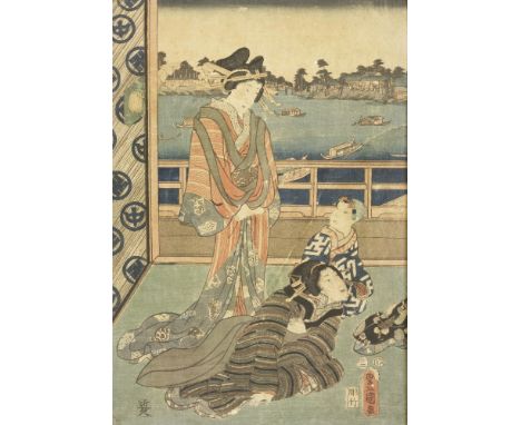Toyokuni, called Kunisada, oban, part diptych, left, two women on a terrace above a lake, and Toyokuni, portrait of Menjo Gij