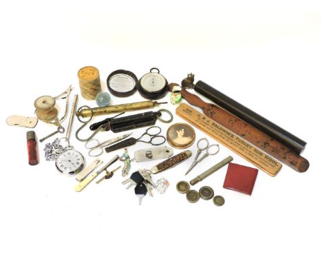 A JH Steward Ltd pocket barometer, with silvered dial, within a leather travel case, together with a quantity of bijouterie