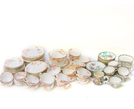 A 19th century Foley china part tea set, decorated in red and white transfer printed design, consisting of tea cups, saucers,