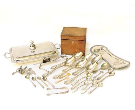 A George III satinwood and cross banded tea caddy, with mother of pearl escutcheon, together with a small quantity of silver 