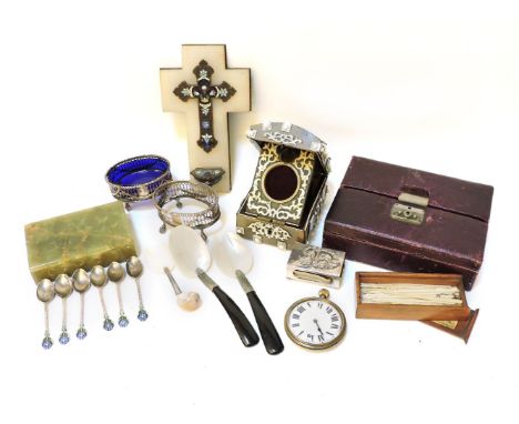 Sundries including a French champleve, a marble and gilt metal crucifix stoop, wooden box watch, holder, silver and enamel co