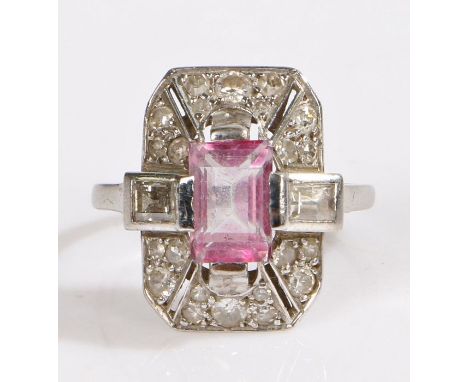 A white metal art deco pink tourmaline and diamond cluster ring.Approx. carat weight of tourmaline: 1.30cts.Approx. total dia