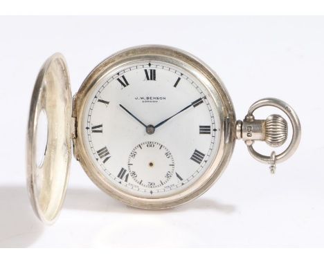 J W Benson silver half hunter pocket watch, the outer case with blue enamel Roman numerals and central aperture, the signed w