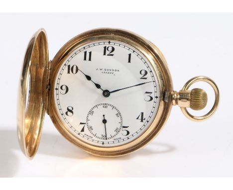 9 carat gold half hunter pocket watch by J.W. Benson, the outer case with blue enamel Roman numerals and inner minutes track,