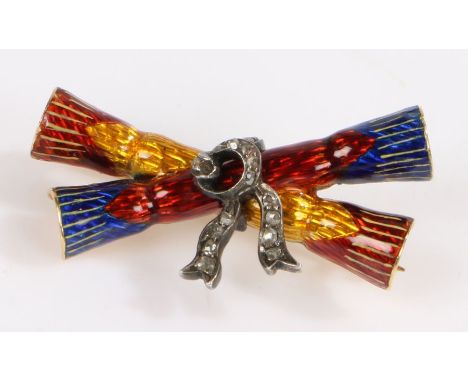 A yellow and white metal enamel Victorian brooch with a safety chain.Approx. total diamond carat weight: 0.80cts. Colour: G-H