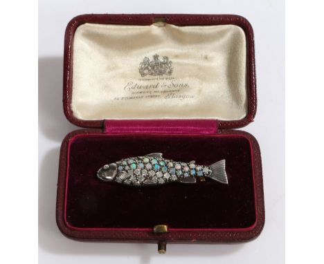 An Edwardian diamond and opal rainbow trout broochThe body has two rows of diamonds and two rows of opals on yellow and white