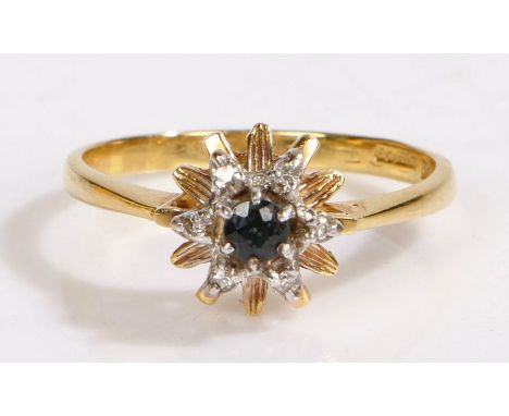 An 18ct gold sapphire and diamond ring.Total approx. diamond carat weight 0.06cts.Colour: I-J. Clarity: SI2.Ring size P.Weigh