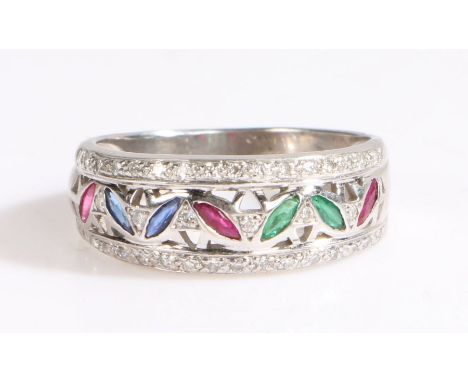 An 18ct white gold ring set with marquise cut rubies, sapphires and emeralds with diamonds.Approx. measurements of marquise c