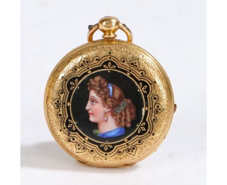 18ct yellow gold 32mm hunter pocket watch, the case with enamel profile portrait of a lady, the white enamel dial Roman numer