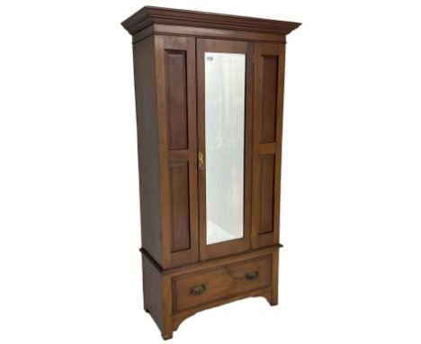 Edwardian walnut single wardrobe, projecting cornice over panelled front and bevelled mirror glazed door, single drawer to ba