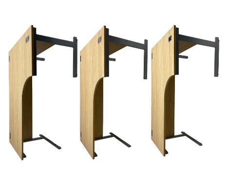Three light oak finish desks on silver finish supports Dimensions: Height:&nbsp;73cm&nbsp; Length/Width:&nbsp;180cm&nbsp; Dep