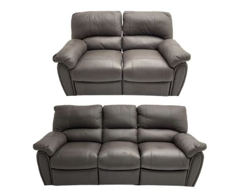 Three seat manual reclining sofa (W200cm), and matching two seat sofa (W150cm), upholstered in chocolate brown