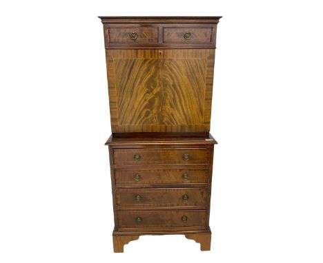 Shaw of London - mahogany secretaire chest, the upper section fitted with two drawers over fall front enclosing drawers, cupb