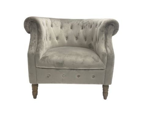 Grey velvet Chesterfield button pressed tub chair with rolled arms, turned legsDimensions: Height:&nbsp;78cm&nbsp; Length/Wid