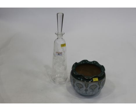 Langley ware leadless glaze patterned planter and floral etched glass decanter