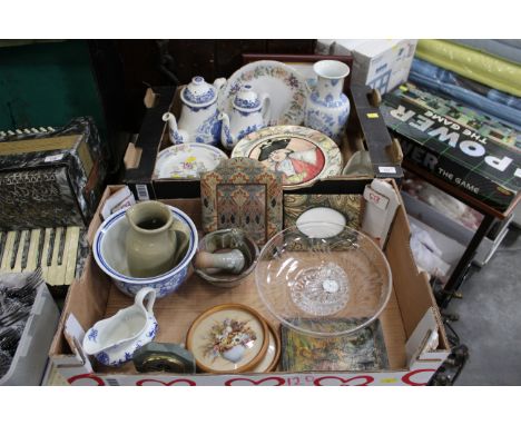 Two boxes of blue and white Royal Tudor teapots, pestle and mortar, slate barometer, Royal Doulton collectors' plates, dried 