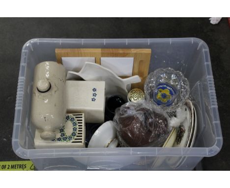 Box of commemorative plates, Indian Tree plate, glassware, ceramic hot water bottle, tea storage jar, glassware etc