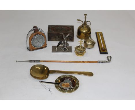 Box of brassware, rabbit pen stand, barometer, table box