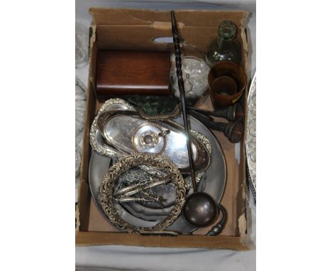 Box of plated ware, toddy ladle, G Moody of Bridlington glass bottle 