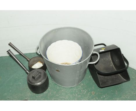 Metal bucket with metal label Bird Stephens &amp; Co Ltd 1941, with 2 cast iron cooking pots, planter and coal receiver 