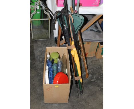 Box of umbrellas, flan dishes and bundle of projector screen, walking stick etc 