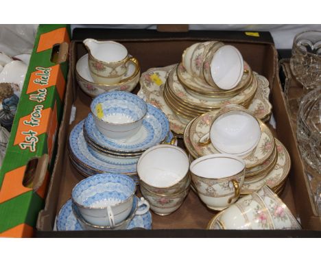 Box of tea sets including Phoenix China Lindon and Spode Berwick