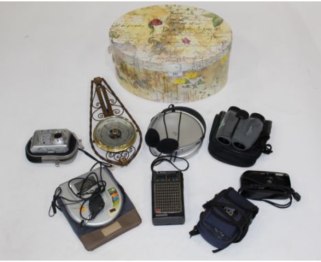 Box of vintage cameras, Sharp radio, barometer  