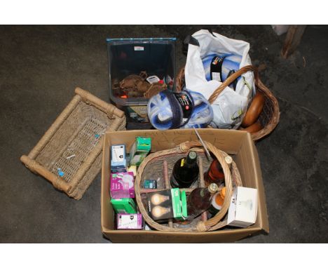 Wicker basket, light bulbs, windchimes etc 