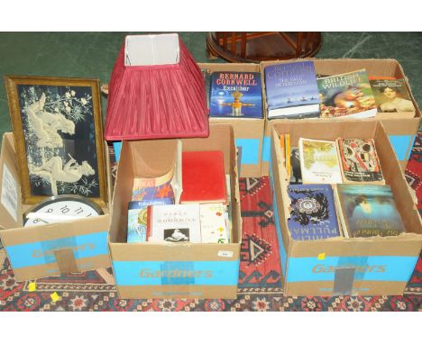 Four boxes of books, to include Bernard Cornwell, and box of light shade, picture, clock etc 