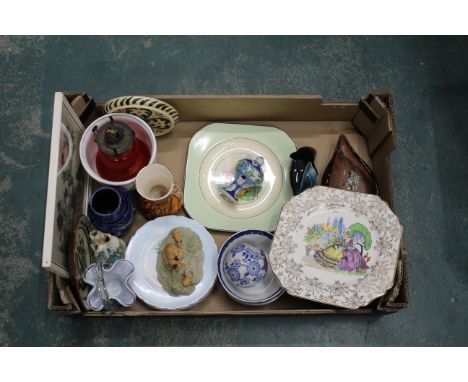 Box of ornaments - Poole Dolphin, Hughes Longport tazza, Border Fine Arts Wildlife Families RW1 fox, etc.