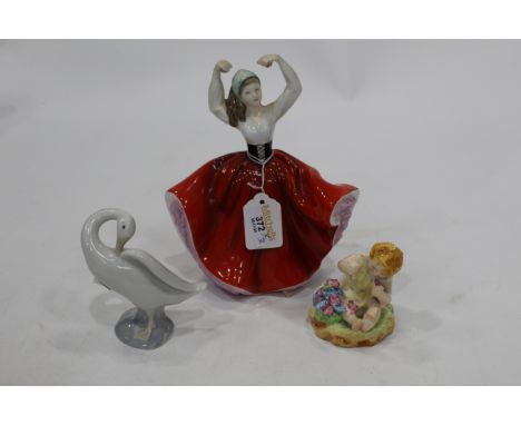 Modern Royal Doulton dancing lady, Lladro goose and Royal Worcester "Mischief" 