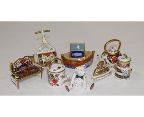 Royal Crown Derby ornaments or paperweights, including Noahs Ark, roller, and teapot