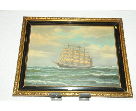 K Hudson, oil on canvas, 5 masted boat at sea, in a black &amp; gilt frame, image size 64 x 87 cm