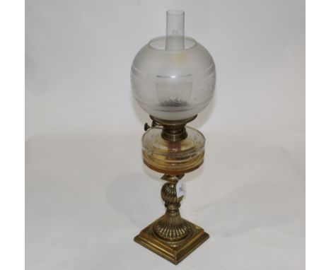 Brass oil lamp with etched glass shade and chimney, height 63 cm