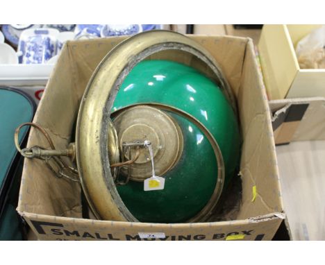 Brass ceiling light fitting with green glass shade, diameter 33 cm