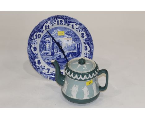 Wiltshaw &amp; Robinson green glazed teapot and Spode blue and white wall clock