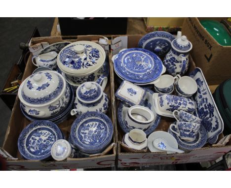 Two boxes of blue and white tableware, including Churchill, Broadhurst, Booths Real Old Willow