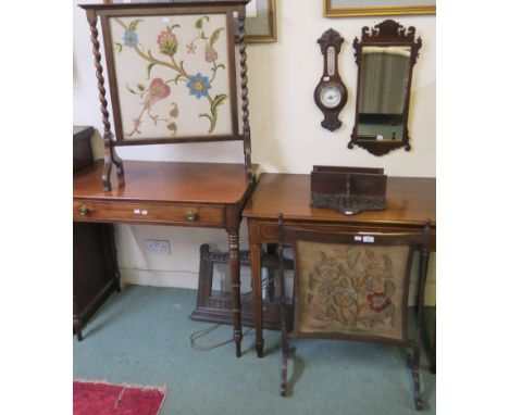 Two fire screens with wool work insets, oak barometer, tray, shelves, carved frame and a wall mirror (7) Condition Report: Av