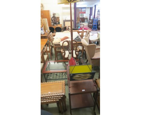 A teak trolley, magazine rack, two record racks, standard lamp and a coffee table (6) Condition Report: Available upon reques