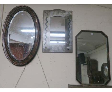 A metal framed wall mirror and an oak framed wall mirror, A wall clock and an oak mantle clock (4) Condition Report: Availabl