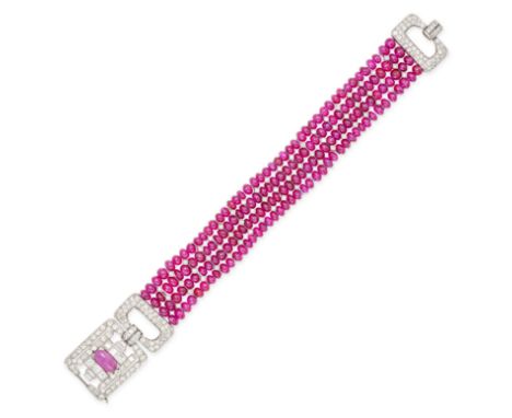 WASLIKOFF & SONS, AN ART DECO RUBY AND DIAMOND BRACELET in platinum, comprising four rows of cabocon ruby beads accented by s