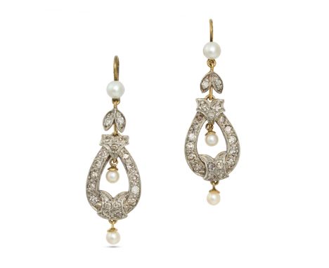 A PAIR OF ANTIQUE PEARL AND DIAMOND EARRINGS in yellow gold and silver, each set with a pearl suspending a pear shaped hoop s
