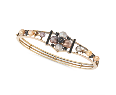 AN ANTIQUE NATURAL SALTWATER PEARL BANGLE in yellow gold, set with ten natural pearls in an openwork design, the pearls rangi
